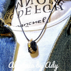 Black raw Tourmaline and gold pendant black cord short necklace/protection
